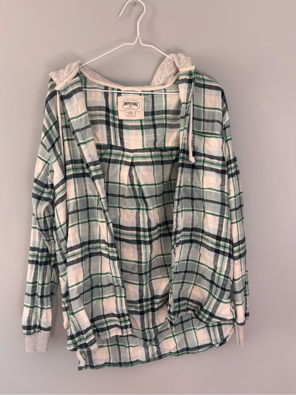 American Eagle Women’s S Hooded Plaid Flannel Button-Up Long Sleeve. Green/gray
